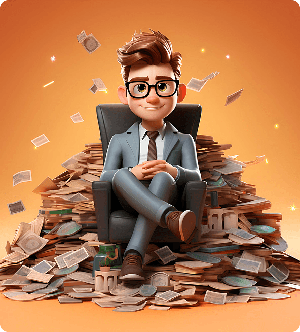 Businessman sitting on pile of money